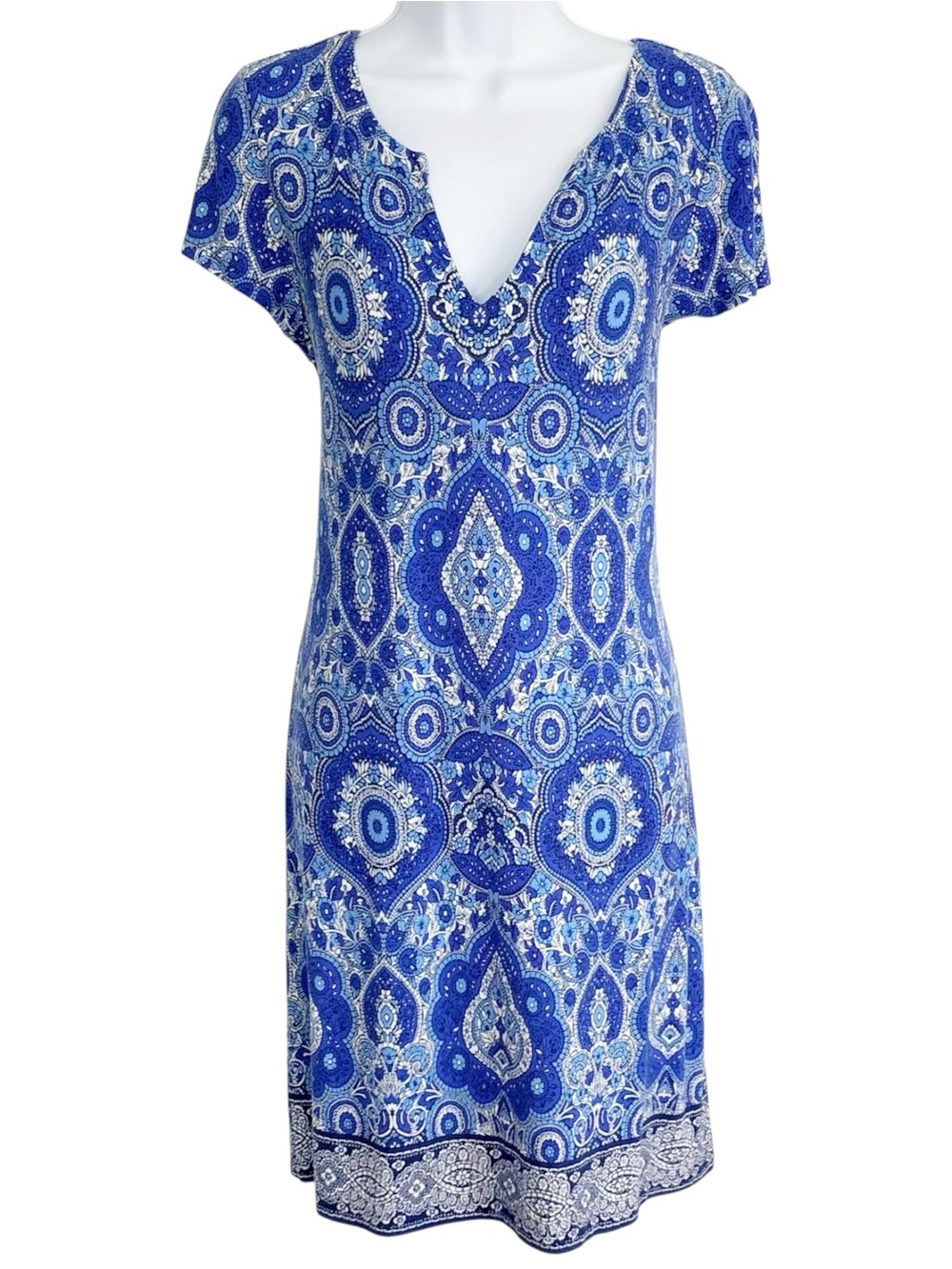 CAPPAGALLO Blue White Medallion Print V Neck Jersey Shift Dress Boho Medium